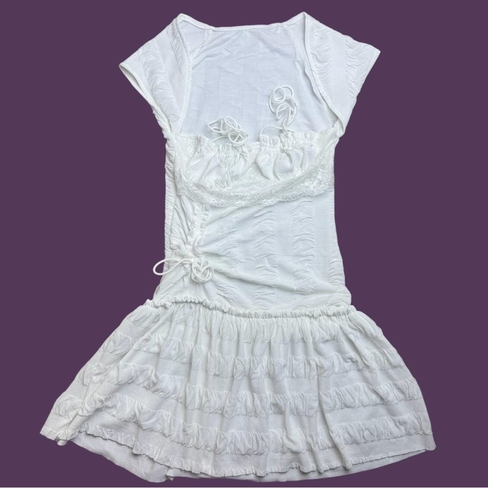 Cider White Ruched Ruffled Midi Sundress